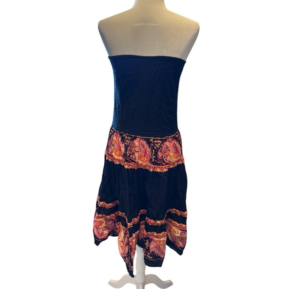 Angie Boho Strapless‎ Dress Black Pink Paisley Tiered Cotton Festival Tube Top M - Picture 4 of 10
